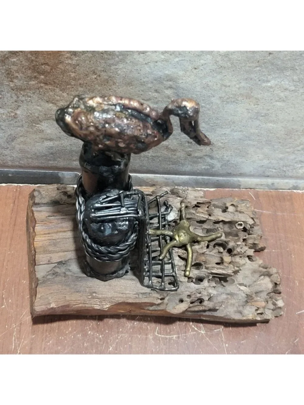 Handcrafted Metal Bird Sculpture Heron Stork Driftwood Base Coastal Maritime Dec